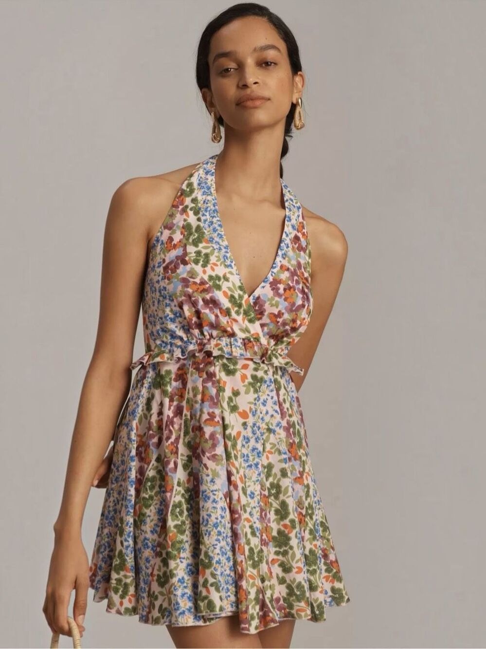 By Anthropologie Floral Halter Ruffle Open Back Fit Flare Mini Dress Medium Boho